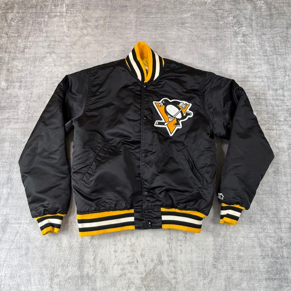 Pittsburgh Penguins Jacket Mens XL Black Vtg Satin Starter Bomber NHL Varsity